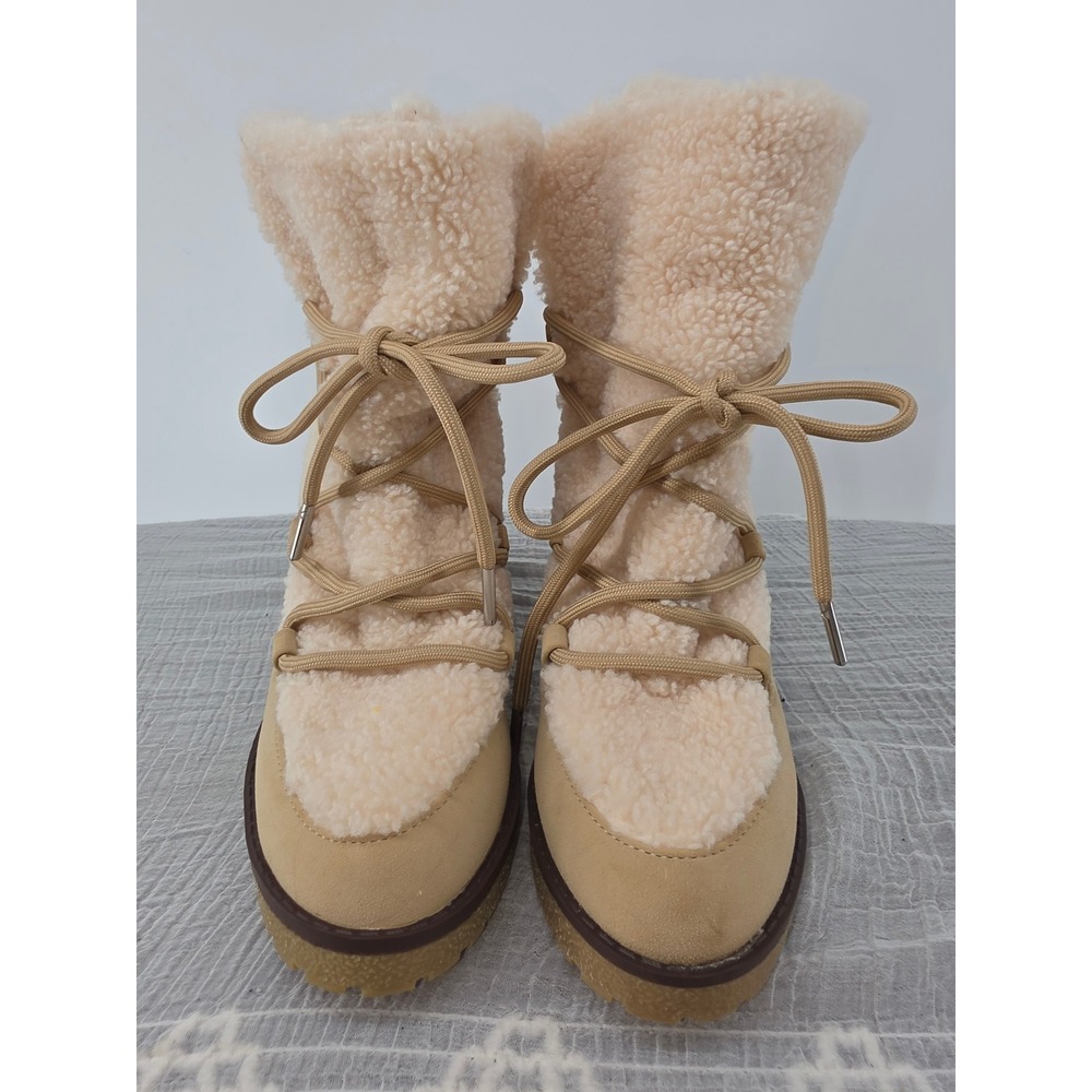 MIA Holiday Women Tan Faux Shearling Lace Up Block Heel Lug Sole Ankle Boots 6M